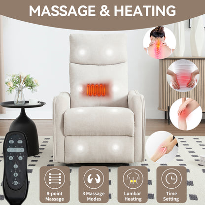 Heat Massage Manual Recliner Chair with Rocker and Swivel in Fabric for Living Room, Beige