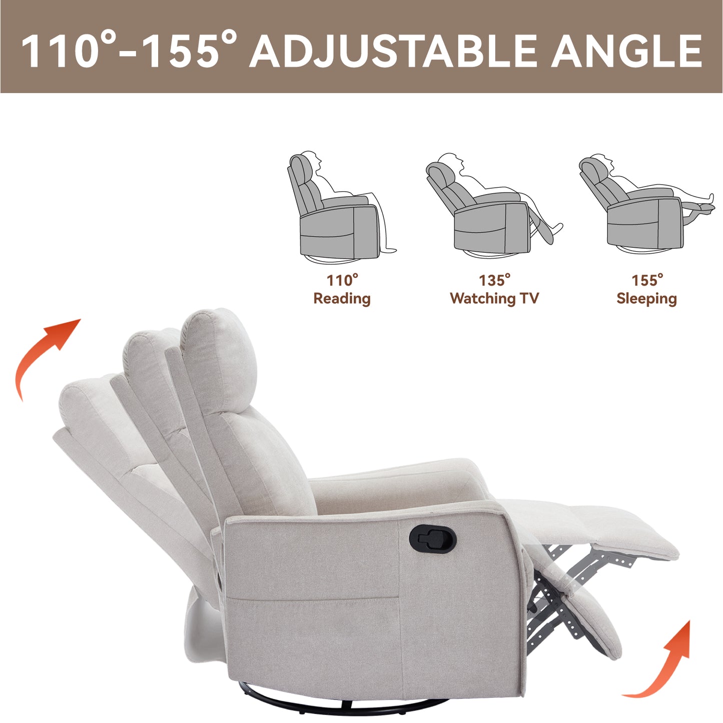 Heat Massage Manual Recliner Chair with Rocker and Swivel in Fabric for Living Room, Beige