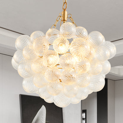 23.6-Inch Gold Pendant Light Chandelier with Threaded Clear Glass Globe Shade – Adjustable Height, Ideal for Living Room, Dining Room, Kitchen (No Bulbs)
