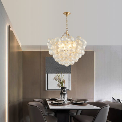 27.5-Inch Gold Pendant Light Chandelier with Threaded Clear Glass Globe Shade – Adjustable Height, Ideal for Living Room, Dining Room, Kitchen (No Bulbs)