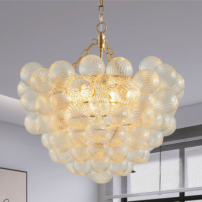 27.5-Inch Gold Pendant Light Chandelier with Threaded Clear Glass Globe Shade – Adjustable Height, Ideal for Living Room, Dining Room, Kitchen (No Bulbs)