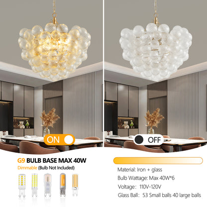 27.5-Inch Gold Pendant Light Chandelier with Threaded Clear Glass Globe Shade – Adjustable Height, Ideal for Living Room, Dining Room, Kitchen (No Bulbs)