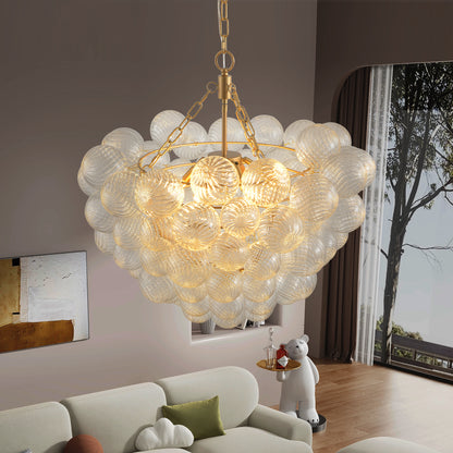 27.5-Inch Gold Pendant Light Chandelier with Threaded Clear Glass Globe Shade – Adjustable Height, Ideal for Living Room, Dining Room, Kitchen (No Bulbs)