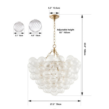 27.5-Inch Gold Pendant Light Chandelier with Threaded Clear Glass Globe Shade – Adjustable Height, Ideal for Living Room, Dining Room, Kitchen (No Bulbs)