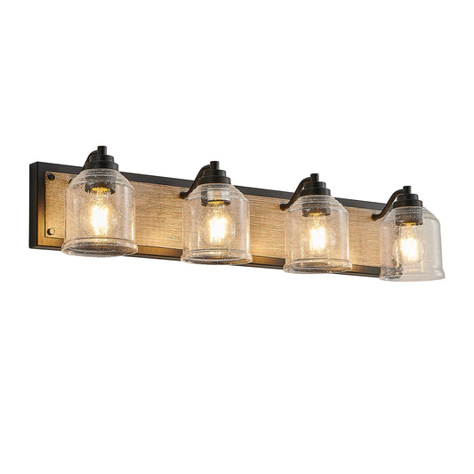 32" Farmhouse Vanity Light Fixture, 4-Light Bathroom Wall Sconce with Clear Seeded Glass Shades, Black and Wood Grain Finish, Modern Industrial Design for Bathroom or Powder Room (No Bulbs)