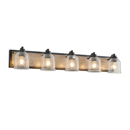 40" Farmhouse Vanity Light Fixture, 5-Light Bathroom Wall Sconce with Clear Seeded Glass Shades, Black and Wood Grain Finish, Modern Industrial Design for Bathroom or Powder Room (No Bulbs)