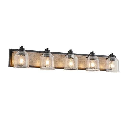 40" Farmhouse Vanity Light Fixture, 5-Light Bathroom Wall Sconce with Clear Seeded Glass Shades, Black and Wood Grain Finish, Modern Industrial Design for Bathroom or Powder Room (No Bulbs)