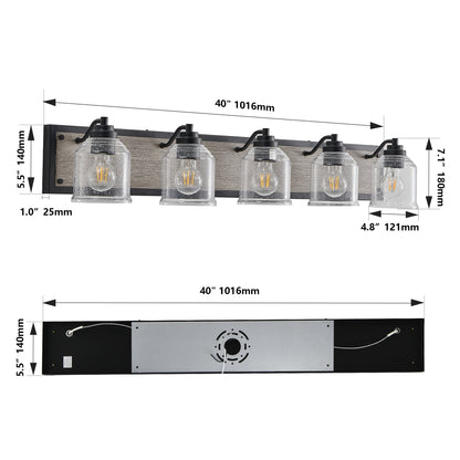 40" Farmhouse Vanity Light Fixture, 5-Light Bathroom Wall Sconce with Clear Seeded Glass Shades, Black and Wood Grain Finish, Modern Industrial Design for Bathroom or Powder Room (No Bulbs)