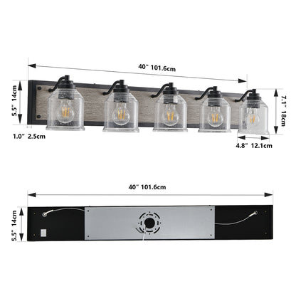 40" Farmhouse Vanity Light Fixture, 5-Light Bathroom Wall Sconce with Clear Seeded Glass Shades, Black and Wood Grain Finish, Modern Industrial Design for Bathroom or Powder Room (No Bulbs)