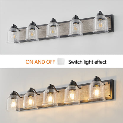 40" Farmhouse Vanity Light Fixture, 5-Light Bathroom Wall Sconce with Clear Seeded Glass Shades, Black and Wood Grain Finish, Modern Industrial Design for Bathroom or Powder Room (No Bulbs)