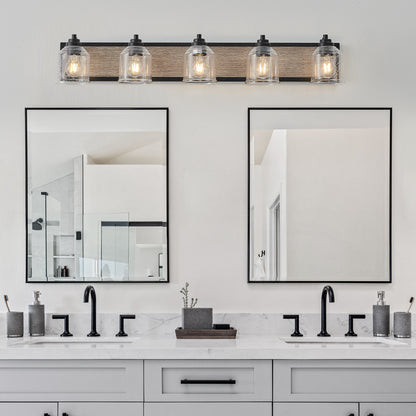 40" Farmhouse Vanity Light Fixture, 5-Light Bathroom Wall Sconce with Clear Seeded Glass Shades, Black and Wood Grain Finish, Modern Industrial Design for Bathroom or Powder Room (No Bulbs)