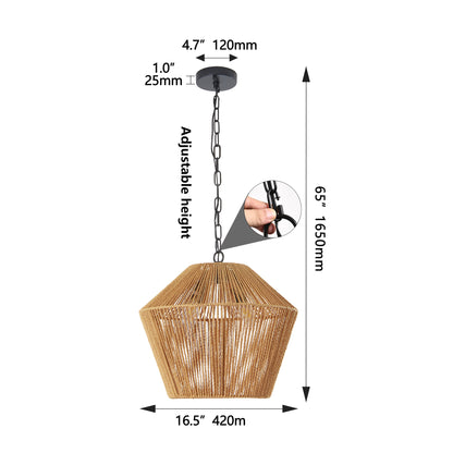 17" Boho Hemp Rope Pendant Light, Handcrafted Farmhouse Hanging Light Fixture for Kitchen Island, Dining Room, or Bedroom, Natural Finish, Adjustable Height (Bulb Not Included)