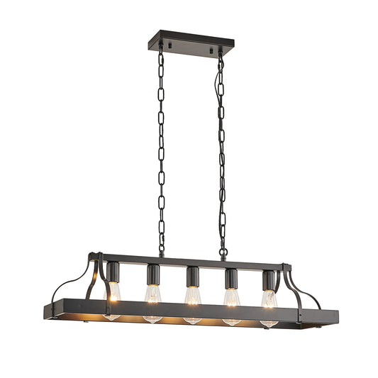 34-Inch Black Industrial Pendant Light with 5 E26 Bulb Sockets, Adjustable Chain Height – Modern Farmhouse Linear Chandelier for Dining Room, Kitchen Island, or Living Room (Bulb Not Included)