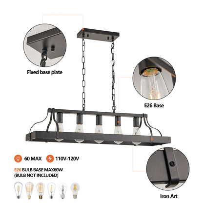 34-Inch Black Industrial Pendant Light with 5 E26 Bulb Sockets, Adjustable Chain Height – Modern Farmhouse Linear Chandelier for Dining Room, Kitchen Island, or Living Room (Bulb Not Included)