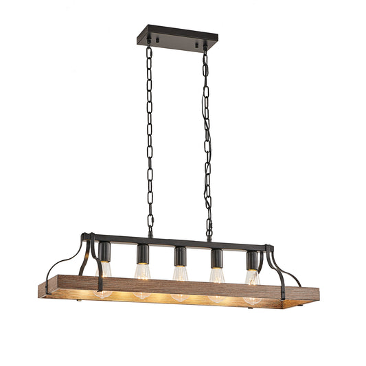34-Inch Black and Walnut Wood Grain Pendant Light, 5 E26 Bulb Sockets, Adjustable Chain Height – Modern Farmhouse Chandelier for Dining Room, Kitchen, or Living Room (Bulb Not Included)