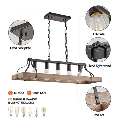34-Inch Black and Walnut Wood Grain Pendant Light, 5 E26 Bulb Sockets, Adjustable Chain Height – Modern Farmhouse Chandelier for Dining Room, Kitchen, or Living Room (Bulb Not Included)