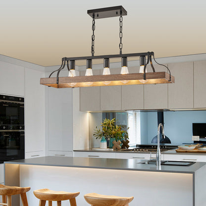 34-Inch Black and Walnut Wood Grain Pendant Light, 5 E26 Bulb Sockets, Adjustable Chain Height – Modern Farmhouse Chandelier for Dining Room, Kitchen, or Living Room (Bulb Not Included)