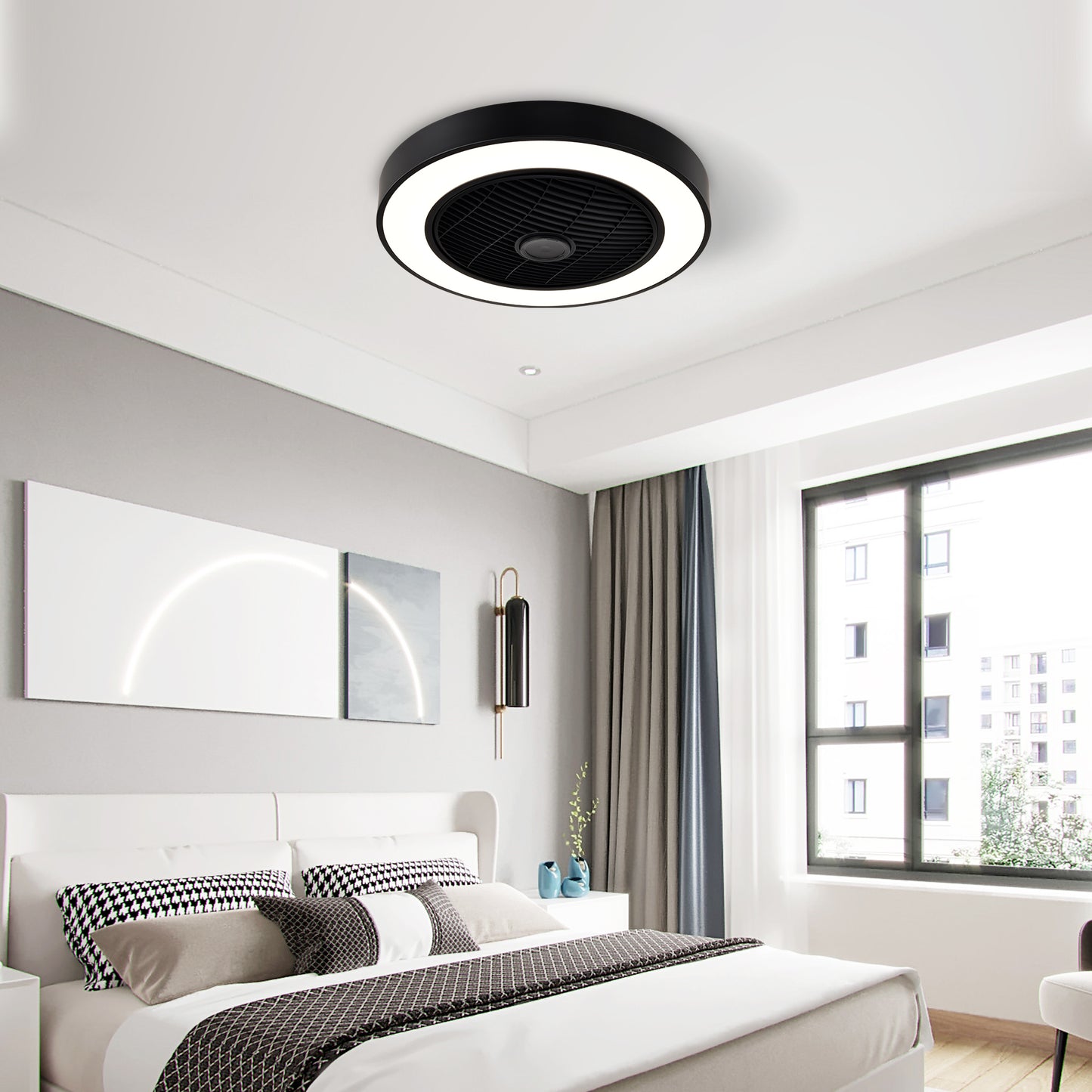 20 in. Indoor Black Low Profile Ceiling Fan with Integrated Light with Remote Control and Reversible Blades