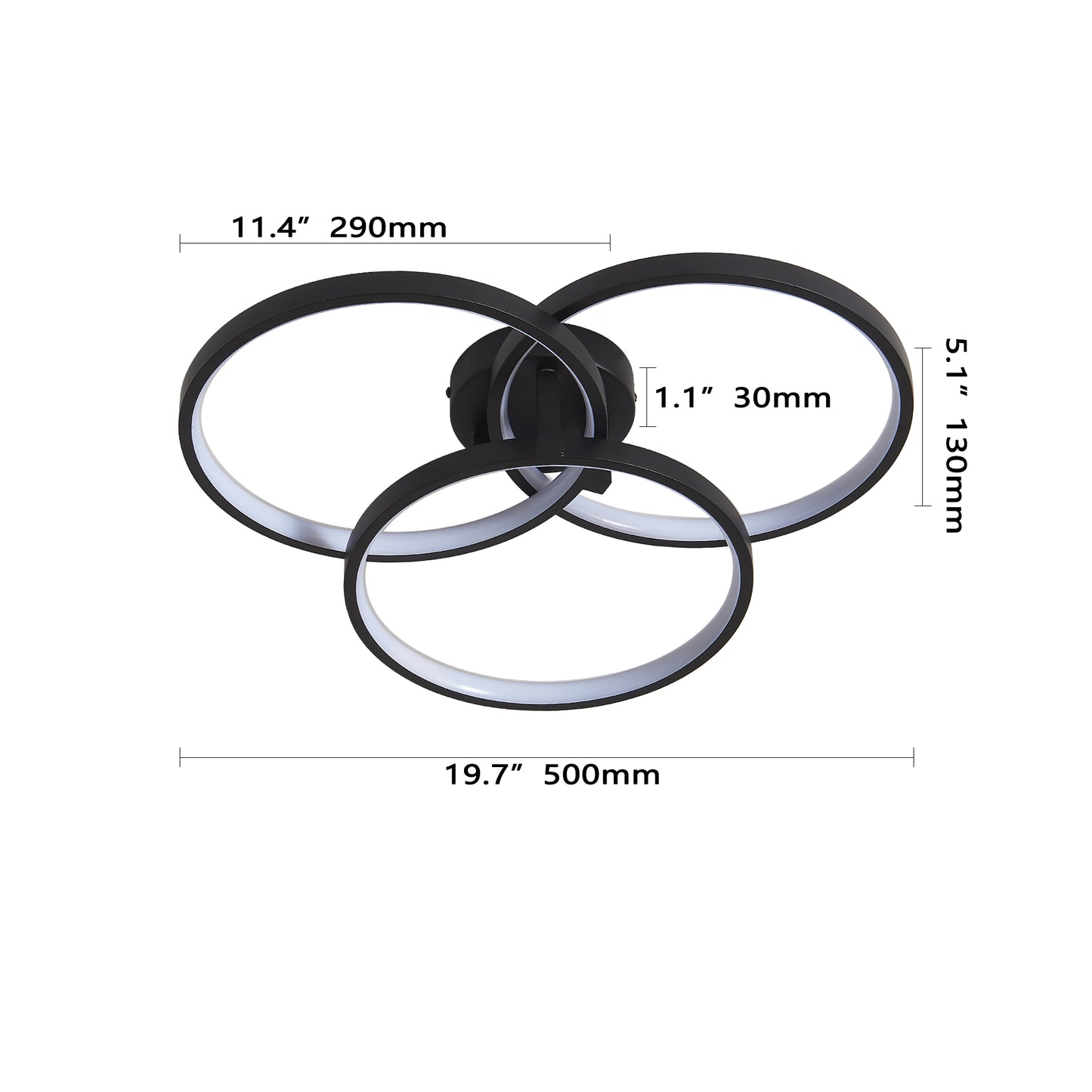 20" Modern Black LED Ceiling Light, 3-Ring Flush Mount Fixture for Living Room, Bedroom, or Dining Room, Sleek and Energy-Efficient Design, Easy Installation