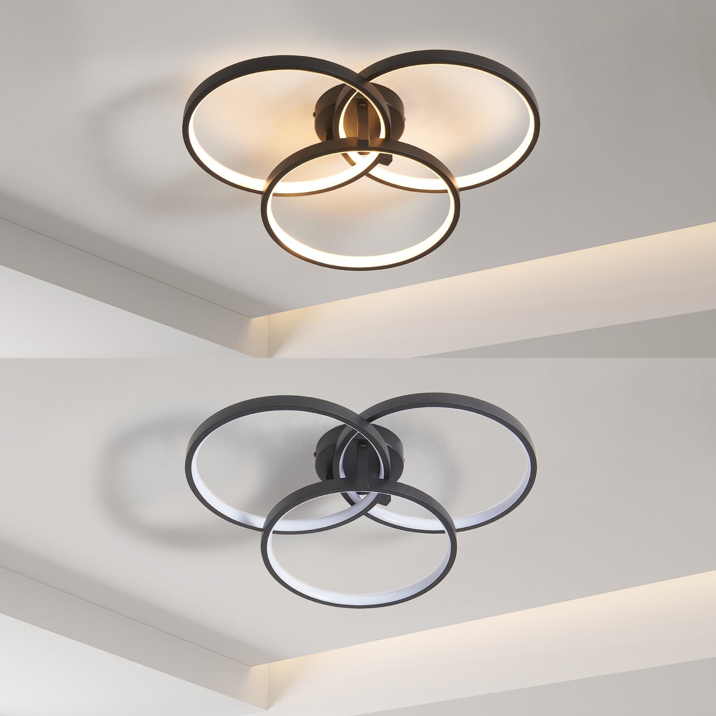 20" Modern Black LED Ceiling Light, 3-Ring Flush Mount Fixture for Living Room, Bedroom, or Dining Room, Sleek and Energy-Efficient Design, Easy Installation