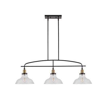45" Industrial 3-Light Pendant Chandelier with Clear Glass Shades, Black Metal Frame, Adjustable Height, Modern Farmhouse Lighting for Kitchen Island, Dining Room, or Living Room (Bulb Not Included)