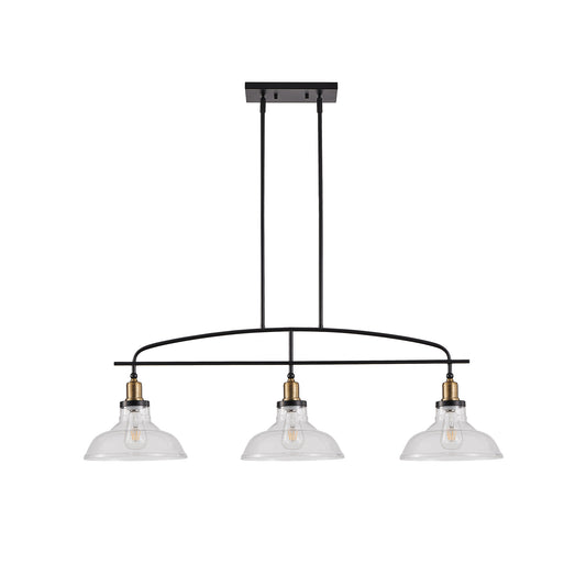 45" Industrial 3-Light Pendant Chandelier with Clear Glass Shades, Black Metal Frame, Adjustable Height, Modern Farmhouse Lighting for Kitchen Island, Dining Room, or Living Room (Bulb Not Included)