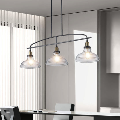 45" Industrial 3-Light Pendant Chandelier with Clear Glass Shades, Black Metal Frame, Adjustable Height, Modern Farmhouse Lighting for Kitchen Island, Dining Room, or Living Room (Bulb Not Included)