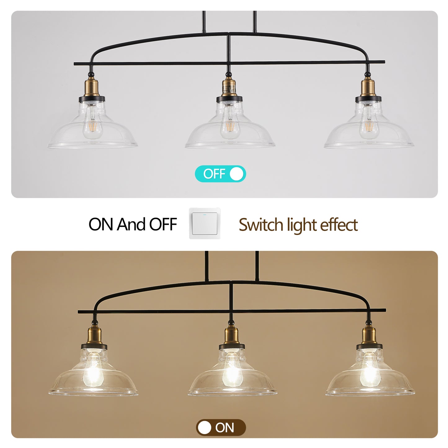 45" Industrial 3-Light Pendant Chandelier with Clear Glass Shades, Black Metal Frame, Adjustable Height, Modern Farmhouse Lighting for Kitchen Island, Dining Room, or Living Room (Bulb Not Included)