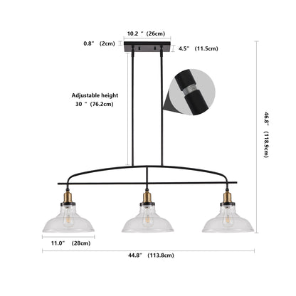 45" Industrial 3-Light Pendant Chandelier with Clear Glass Shades, Black Metal Frame, Adjustable Height, Modern Farmhouse Lighting for Kitchen Island, Dining Room, or Living Room (Bulb Not Included)
