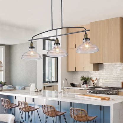 45" Industrial 3-Light Pendant Chandelier with Clear Glass Shades, Black Metal Frame, Adjustable Height, Modern Farmhouse Lighting for Kitchen Island, Dining Room, or Living Room (Bulb Not Included)