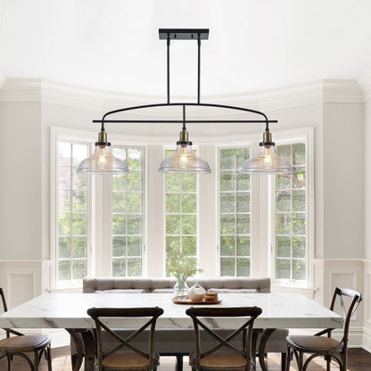 45" Industrial 3-Light Pendant Chandelier with Clear Glass Shades, Black Metal Frame, Adjustable Height, Modern Farmhouse Lighting for Kitchen Island, Dining Room, or Living Room (Bulb Not Included)