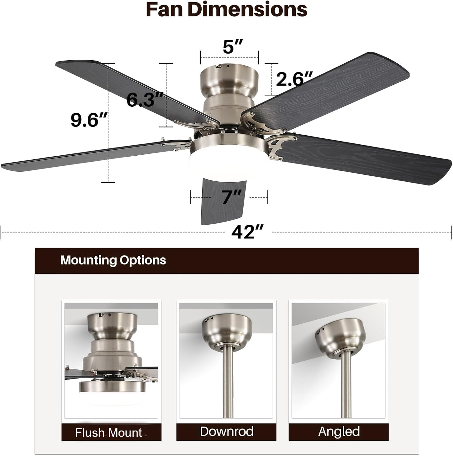 42 Inch Ceiling Fan 5 Blades Noiseless Reversible Dc Motor Remote Control With Led Light