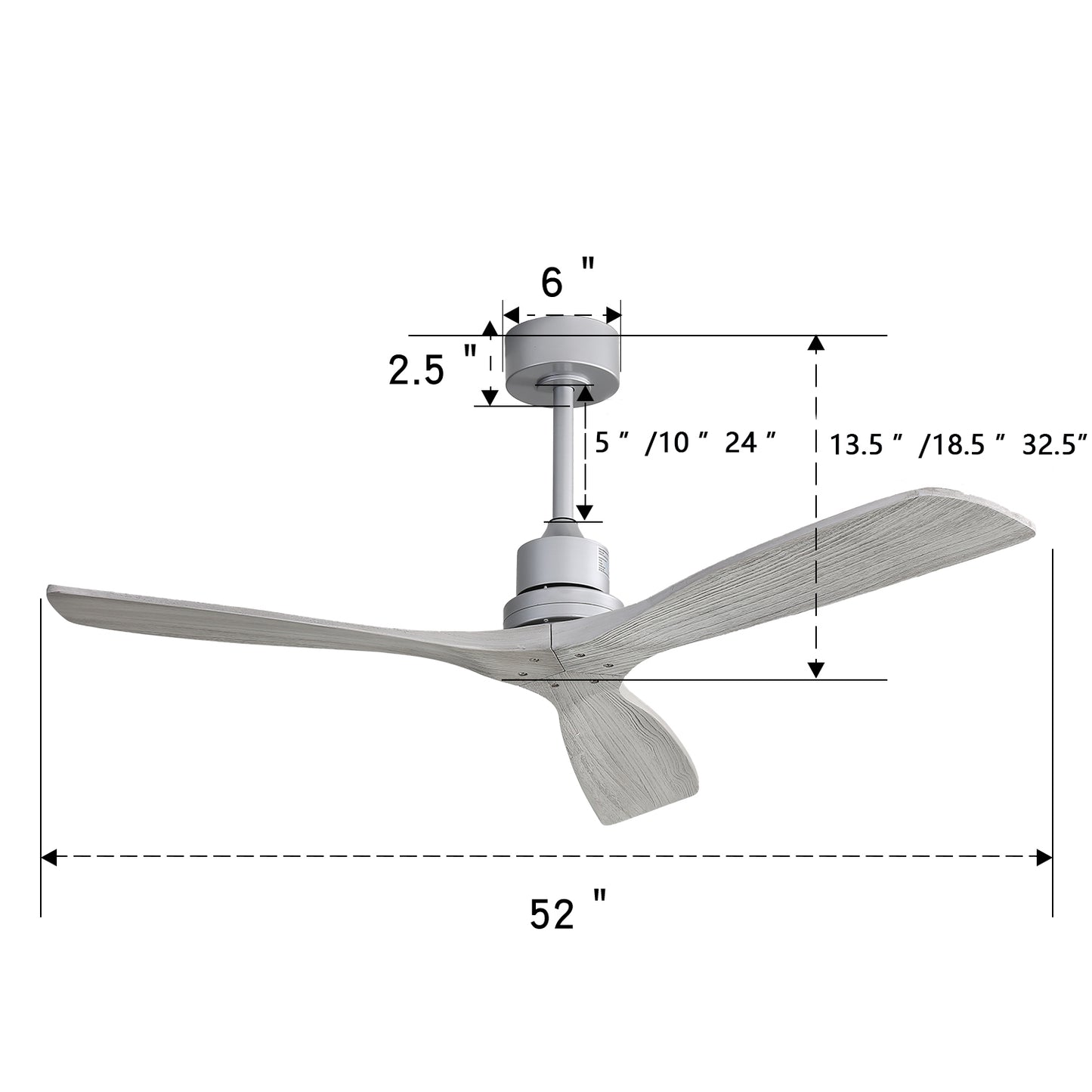52 Inch Ceiling Fan No Light, with Remote Control Solid Wood Fan Blade Reversible Dc Motor For Bedroom