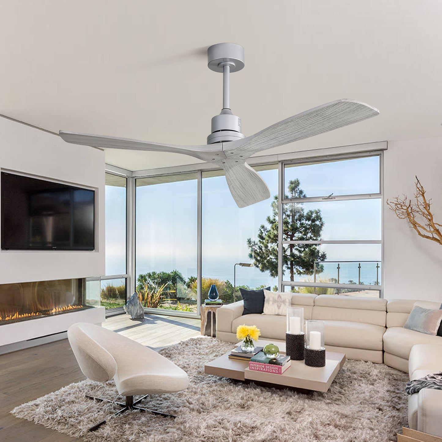 52 Inch Ceiling Fan No Light, with Remote Control Solid Wood Fan Blade Reversible Dc Motor For Bedroom
