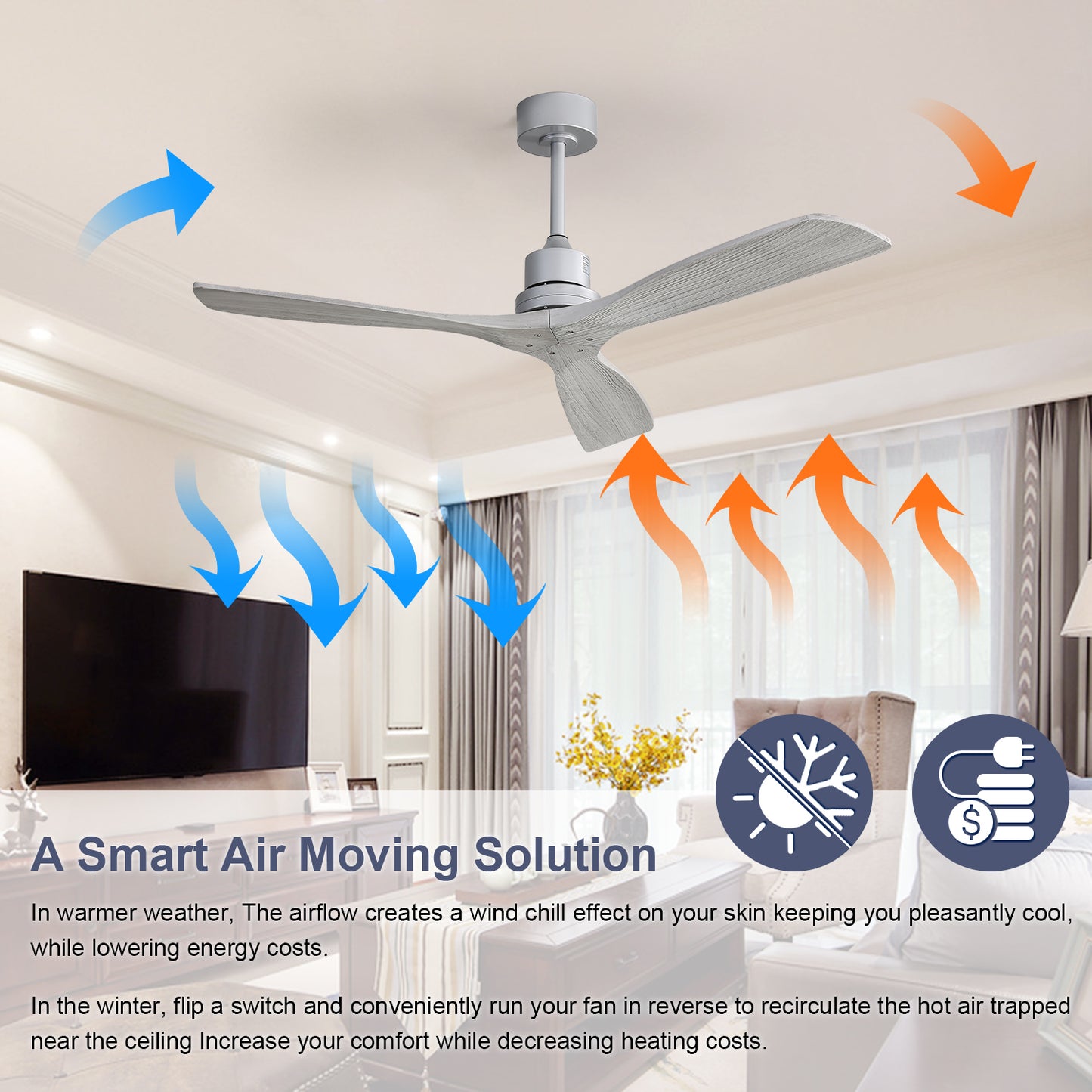 52 Inch Ceiling Fan No Light, with Remote Control Solid Wood Fan Blade Reversible Dc Motor For Bedroom
