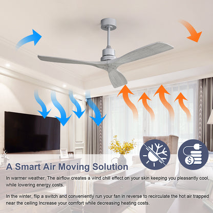 52 Inch Ceiling Fan No Light, with Remote Control Solid Wood Fan Blade Reversible Dc Motor For Bedroom