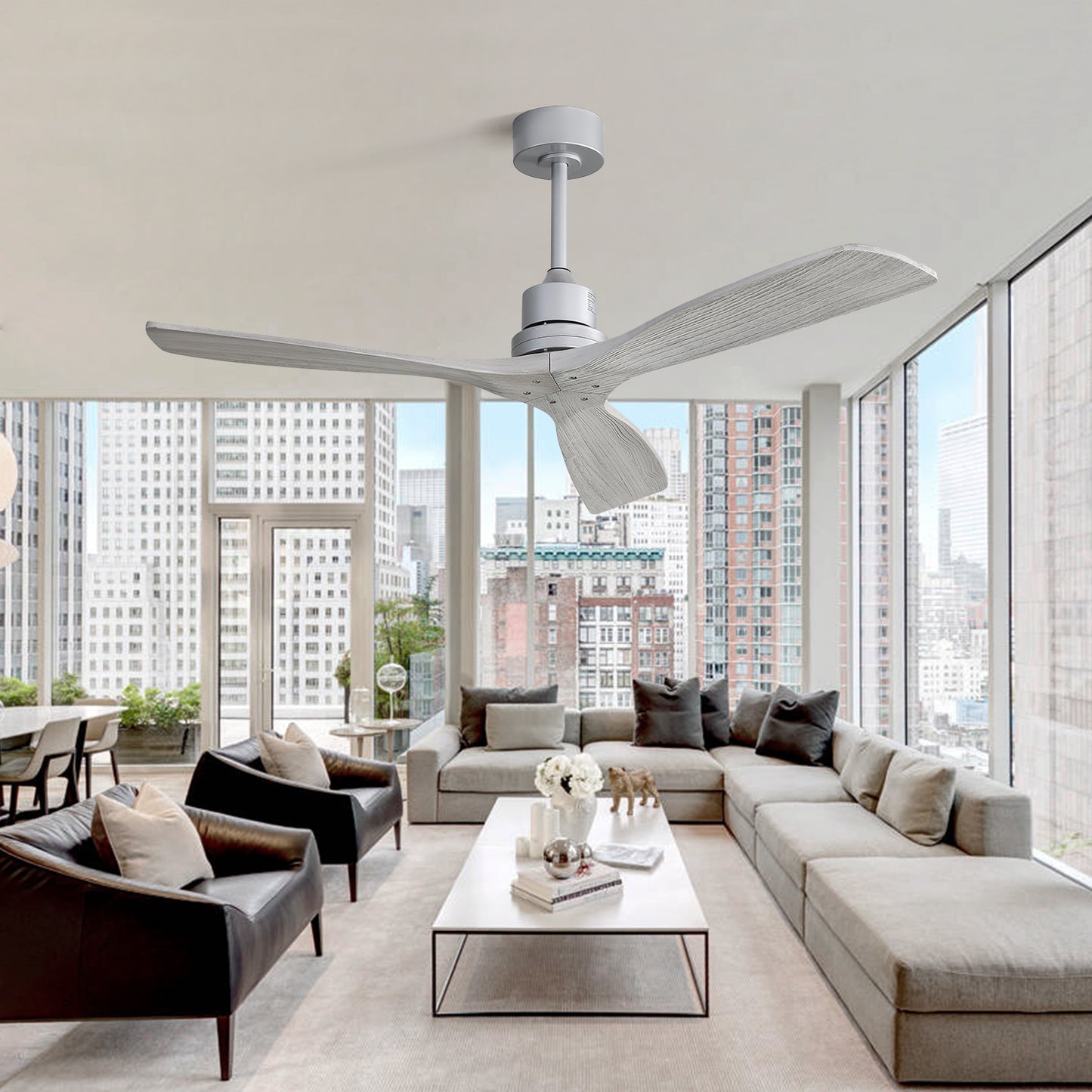 52 Inch Ceiling Fan No Light, with Remote Control Solid Wood Fan Blade Reversible Dc Motor For Bedroom