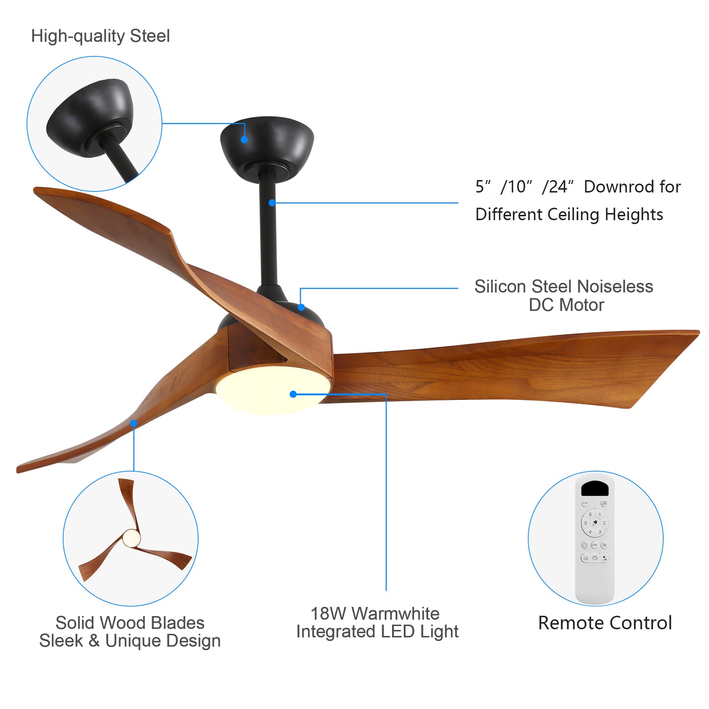 52 Inch Ceiling Fan With Dimmable 3 Color Led Light 3 Solid Wood Blades Remote Control Reversible DC Motor Matte Black For Home