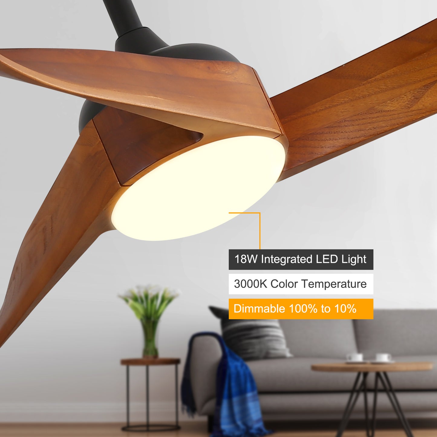 52 Inch Ceiling Fan With Dimmable 3 Color Led Light 3 Solid Wood Blades Remote Control Reversible DC Motor Matte Black For Home