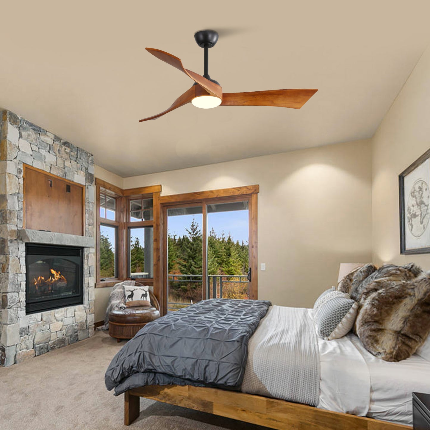 52 Inch Ceiling Fan With Dimmable 3 Color Led Light 3 Solid Wood Blades Remote Control Reversible DC Motor Matte Black For Home