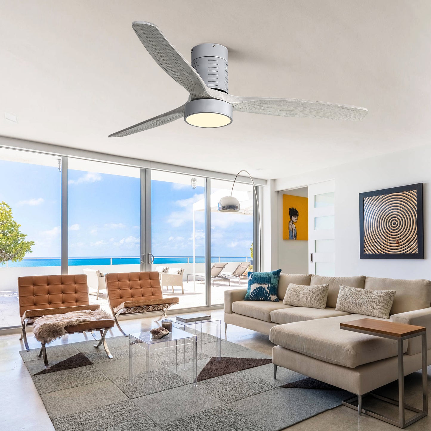 52 Inch Indoor Flush Mount Ceiling Fan With 3 Solid Wood Blades Remote Control Reversible DC Motor With Led Light