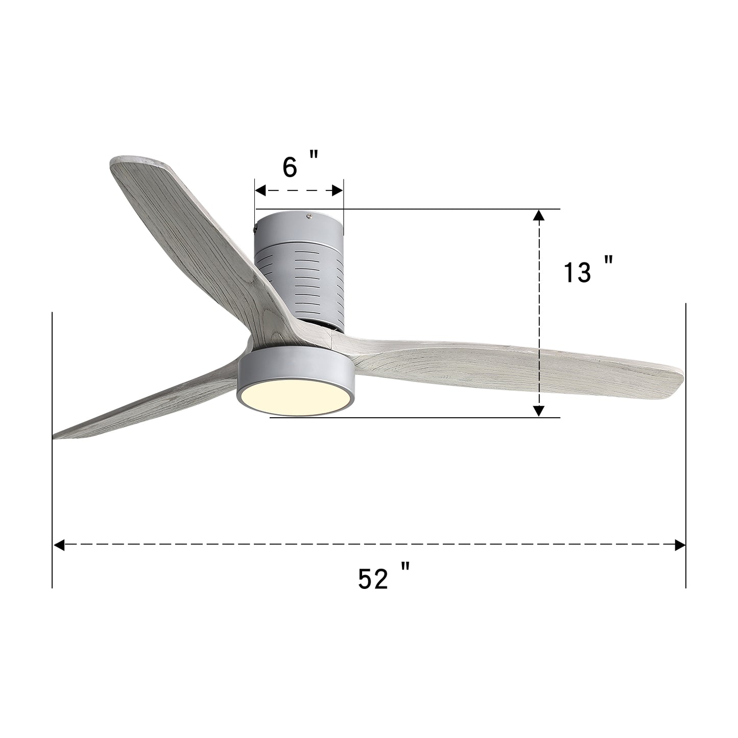52 Inch Indoor Flush Mount Ceiling Fan With 3 Solid Wood Blades Remote Control Reversible DC Motor With Led Light