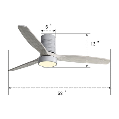 52 Inch Indoor Flush Mount Ceiling Fan With 3 Solid Wood Blades Remote Control Reversible DC Motor With Led Light