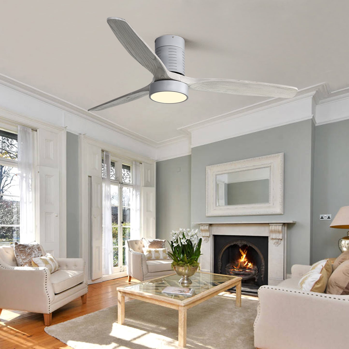 52 Inch Indoor Flush Mount Ceiling Fan With 3 Solid Wood Blades Remote Control Reversible DC Motor With Led Light