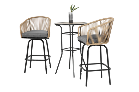 3pcs Outdoor Bar Set, Patio Bar Table and Chairs Set, Bar Height Patio Set - 2 x Swivel Bar Chairs , 1 x Round Bar Table(DPC Wood-Like)-Grey