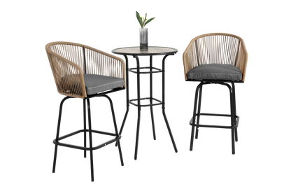 3pcs Outdoor Bar Set, Patio Bar Table and Chairs Set, Bar Height Patio Set - 2 x Swivel Bar Chairs , 1 x Round Bar Table(DPC Wood-Like)-Grey