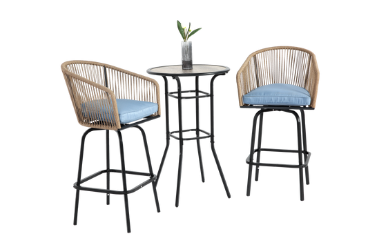 3pcs Outdoor Bar Set, Patio Bar Table and Chairs Set, Bar Height Patio Set - 2 x Swivel Bar Chairs , 1 x Round Bar Table(DPC Wood-Like)-Blue