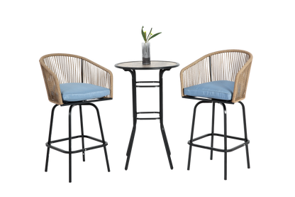 3pcs Outdoor Bar Set, Patio Bar Table and Chairs Set, Bar Height Patio Set - 2 x Swivel Bar Chairs , 1 x Round Bar Table(DPC Wood-Like)-Blue