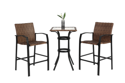 3 Pieces Outdoor Bar Stools Set,Rattan Bar Chairs,with glass table top, Wicker Bar Stools for Backyard, Garden, Pool, Balcony and Deck, Brown