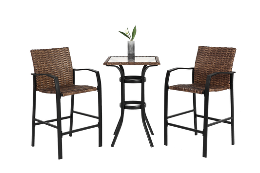 3 Pieces Outdoor Bar Stools Set,Rattan Bar Chairs,with glass table top, Wicker Bar Stools for Backyard, Garden, Pool, Balcony and Deck, Brown